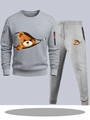Men's grey hooded tracksuit set featuring creative bear print on chest and leg - S / Top And Bottom / Light Gray