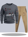 Men's grey sweatshirt and khaki joggers tracksuit featuring rose embroidery detail - S / Dark Grey And Khaki