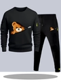 Black men's tracksuit with cartoon bear print and neon yellow zipper accents - S / Top And Bottom / Black