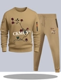 Khaki men's tracksuit set with red rose graphic and functional orange zipper pockets - S / Khaki
