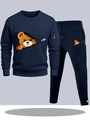 Men's navy blue tracksuit set with cartoon bear print and neon zipper details - S / Top And Bottom / Navy Blue
