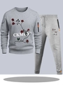 Men's grey tracksuit set featuring rose floral prints and embroidered logo details - S / Light Gray