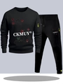 Men's black tracksuit set with rose print and neon yellow zippers in a sporty style - S / Black