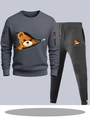 Men's dark grey tracksuit set featuring unique teddy bear print and zipper pocket details - S / Top And Bottom / Dark Gray
