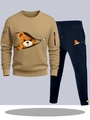 Khaki sweatshirt and navy joggers set with cartoon bear print and orange zipper detail - S / Top And Bottom / Khaki Top with Navy Blue Pants