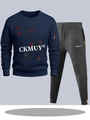 Men's navy tracksuit set with rose print and orange zip pockets details on hoodies - S / Navy Blue Top with Dark Gray Pants