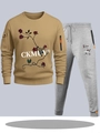 Khaki sweatshirt and grey joggers sports set featuring floral prints and orange zippers - S / Khaki And Light Grey