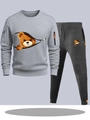 Men's light grey hooded tracksuit set with zipper bear print and orange accents - S / Top And Bottom / Light Grey And Dark Grey