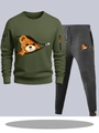 Men's olive green bear sweatshirt and dark grey joggers two-piece sportswear set - S / Top And Bottom / Dark Green And Dark Gray Pants