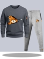 Men's grey tracksuit featuring creative cartoon bear print and orange zip pockets - S / Top And Bottom / Dark Gray Top with Light Gray Pants