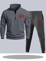 Survêtement homme gris foncé avec sweat à capuche demi-zip et jogging à slogan rouge - S / Haut Et Bas / Gris foncé