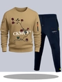 Men's khaki crewneck sweatshirt and navy joggers set with rose embroidery - S / Khaki Top with Navy Blue Pants