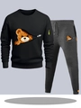 Black sweatshirt and grey joggers set featuring a creative bear print and yellow zippers - S / Top And Bottom / Black And Dark Grey