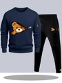 Men's navy tracksuit set featuring bear graphic hoodie and black joggers with drawstring - S / Top And Bottom / Navy Blue with Black Pants