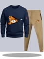 Men's navy blue sweatshirt and khaki joggers set with cartoon bear graphic design - S / Top And Bottom / Navy And Khaki