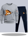 Men's sports tracksuit featuring grey teddy bear graphic hoodie and navy drawstring pants - S / Top And Bottom / Light Gray Top and Navy Blue Pants