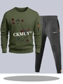Men's olive green long sleeve tracksuit set with rose print and charcoal grey joggers - S / Army Green And Dark Grey
