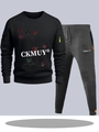 Men's sports tracksuit featuring black hoodie with rose print and dark grey joggers - S / Black And Dark Grey