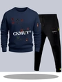 Men's navy sweatshirt and black joggers set with floral print and sleeve pocket - S / Navy Blue with Black Pants