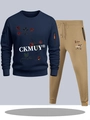 Men's navy blue crewneck sweatshirt and khaki drawstring jogger set with rose prints - S / Navy And Khaki