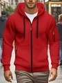 Detail of red zip-up hoodie featuring black drawstrings and functional sleeve zipper pocket - S / Red