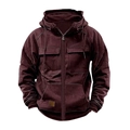 Men's solid hooded zip-up sweatshirt with multi-pockets and leather patch in wine red - S / Burgundy