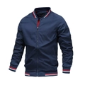 Men's navy blue varsity jacket with striped rib-knit trims and high-quality front zipper - M / Navy Blue