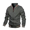 Detail of men's grey bomber jacket showing ribbed collar with orange and white stripes - M / Gray
