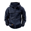 Men's navy blue zip-up hoodie with canvas texture and utility flap pockets in flat lay - S / Navy Blue