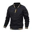 Men's black baseball jacket with tricolor ribbed trim and front zipper closure - M / Black