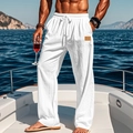Men's white cotton linen drawstring casual pants for beach vacation on a yacht - S / White