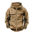 Detail view of khaki tactical hoodie with front zip, flap pockets and textured fabric - S / Khaki