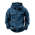 Detail view of navy hoodie featuring a full zipper, cargo chest pockets, and leather patch - S / Sapphire Blue