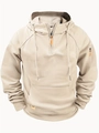 Detail of tactical sleeve zipper pocket on beige men's quarter-zip hoodie - S / Khaki