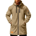 Detail of khaki men's long hooded jacket with orange zipper pocket and black drawstrings - S / Khaki