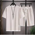 Herren Waffelstrick Set aus Kurzarm T-Shirt und Shorts in Beige im Lagen-Design - M / Oberteil Und Unterteil / Gebrochenes Weiß