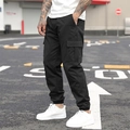 Pantaloni cargo neri casual da uomo con tasconi laterali e coulisse regolabile in vita - S / Nero