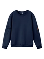 Detail view of navy blue sweatshirt featuring an orange zipper pocket and sleeve utility pouch - S / Navy Blue