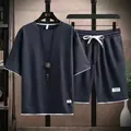 Herren Sommer Waffelstrick Set T-Shirt und Shorts in Anthrazitgrau mit weißem Kontrastrand - M / Oberteil Und Unterteil / Dunkelgrau
