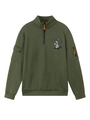 Dettaglio della felpa verde oliva con mezza zip arancione e tasca utility sulla manica - S / Verde Militare