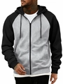 Detail of color-block hoodie with raglan sleeves, drawstring hood, and full front zipper - Light Gray + Black Sleeves