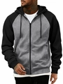 Close-up of contrast raglan sleeves and adjustable drawstring hood on men's hoodie - Dark Gray + Black Sleeves