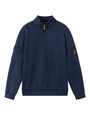 Dettaglio felpa blu scuro con colletto rialzato, zip arancione e tasca funzionale sulla manica - S / Blu navy