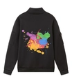 Dettaglio della stampa artistica a spruzzi colorati sul retro della felpa nera - S / Nero