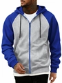 Close-up of contrast raglan sleeve zipper hoodie with blue hood and grey body detail - Light Gray + Blue Sleeves