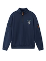Dettaglio della felpa blu navy con stampa skateboarder e tasca con zip arancione - S / Blu navy