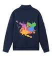 Dettaglio felpa blu scuro con stampa spray colorata sul retro e tasca cargo sulla manica - S / Blu navy