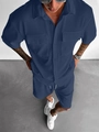 Set blu navy con camicia a coste a maniche corte e pantaloncini con coulisse - S / Blu navy