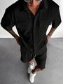 Set casual da uomo due pezzi in velluto a coste nero con camicia a maniche corte e shorts - S / Nero