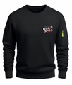 Detail of black crewneck sweatshirt featuring USA 2026 print and utility sleeve zipper pocket - S / Black